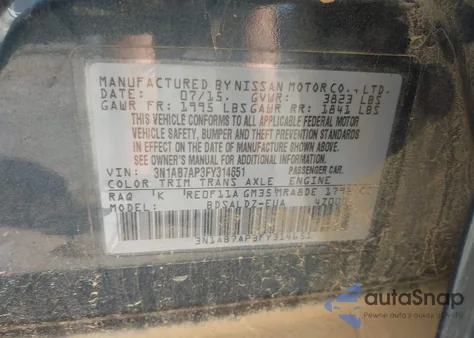 2015 Nissan Sentra Sv z USA, uszkodzony, nr VIN 3N1AB7AP3FY314651